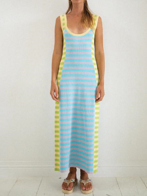 Blue Zone Planet | Women's New Casual Knitted Long Dress with U-neck, Open Back, Sleeveless, and Color Block Design BLUE ZONE PLANET