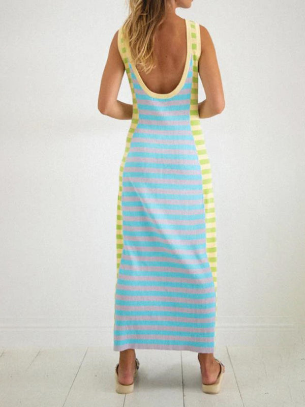Blue Zone Planet | Women's New Casual Knitted Long Dress with U-neck, Open Back, Sleeveless, and Color Block Design BLUE ZONE PLANET