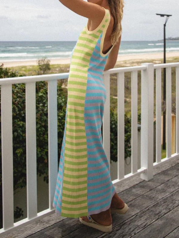 Blue Zone Planet | Women's New Casual Knitted Long Dress with U-neck, Open Back, Sleeveless, and Color Block Design BLUE ZONE PLANET
