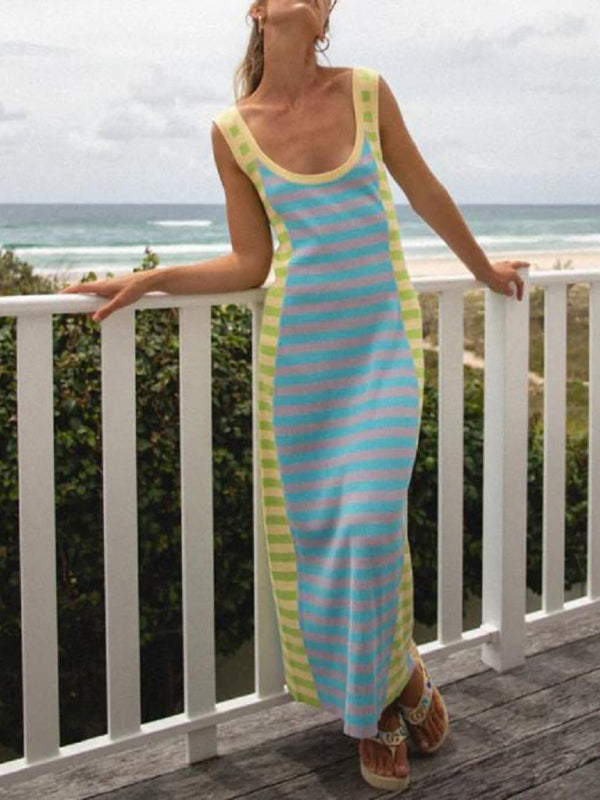 Blue Zone Planet | Women's New Casual Knitted Long Dress with U-neck, Open Back, Sleeveless, and Color Block Design BLUE ZONE PLANET