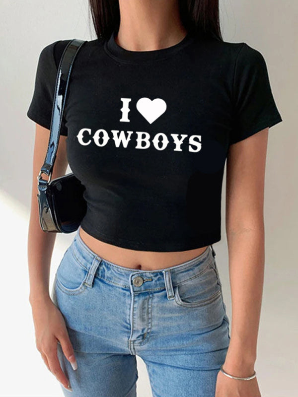 Blue Zone Planet | Women's New Casual I Love Cowboys Versatile Letter Printed Short Top BLUE ZONE PLANET