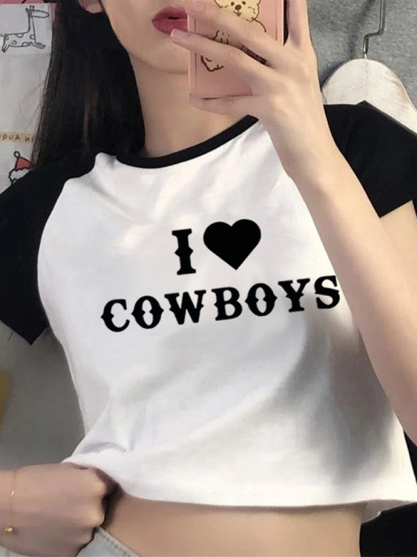 Blue Zone Planet | Women's New Casual I Love Cowboys Versatile Letter Printed Short Top BLUE ZONE PLANET