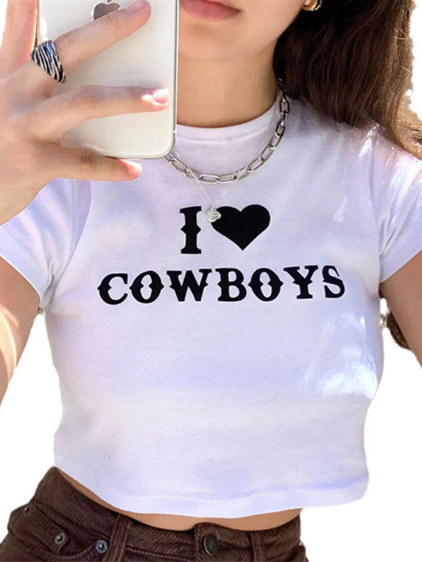 Blue Zone Planet | Women's New Casual I Love Cowboys Versatile Letter Printed Short Top BLUE ZONE PLANET