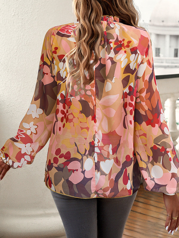 Feminine Printed Round Neck Long Sleeve Top BLUE ZONE PLANET