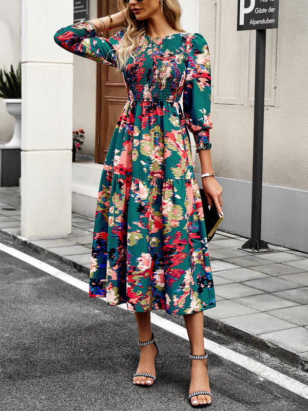 Blue Zone Planet | Women's Elegant Commuting Round Neck Printed Dress BLUE ZONE PLANET