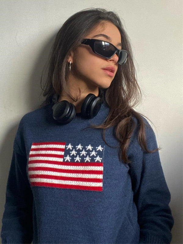 Blue Zone Planet | Women's Independence Day American Flag Graphic Pullover Sweater BLUE ZONE PLANET