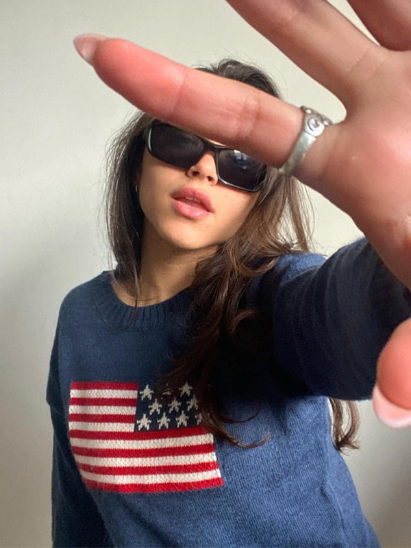 Blue Zone Planet | Women's Independence Day American Flag Graphic Pullover Sweater BLUE ZONE PLANET