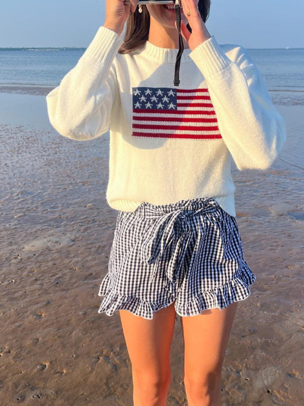 Blue Zone Planet | Women's Independence Day American Flag Graphic Pullover Sweater BLUE ZONE PLANET