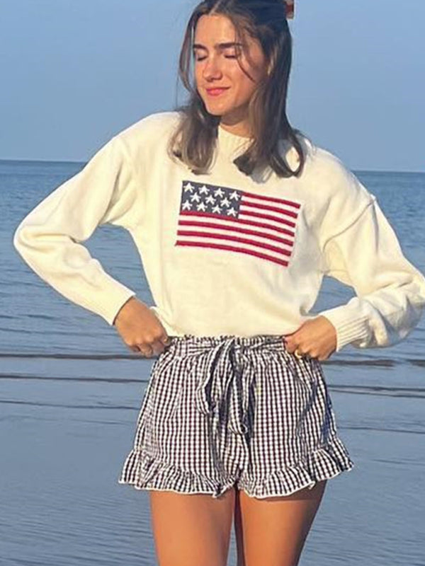 Blue Zone Planet | Women's Independence Day American Flag Graphic Pullover Sweater BLUE ZONE PLANET