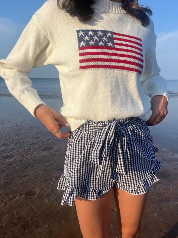 Blue Zone Planet | Women's Independence Day American Flag Graphic Pullover Sweater BLUE ZONE PLANET