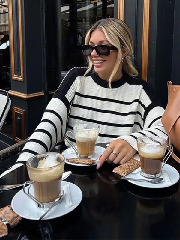 round neck loose black and white striped pullover long sleeve sweater kakaclo