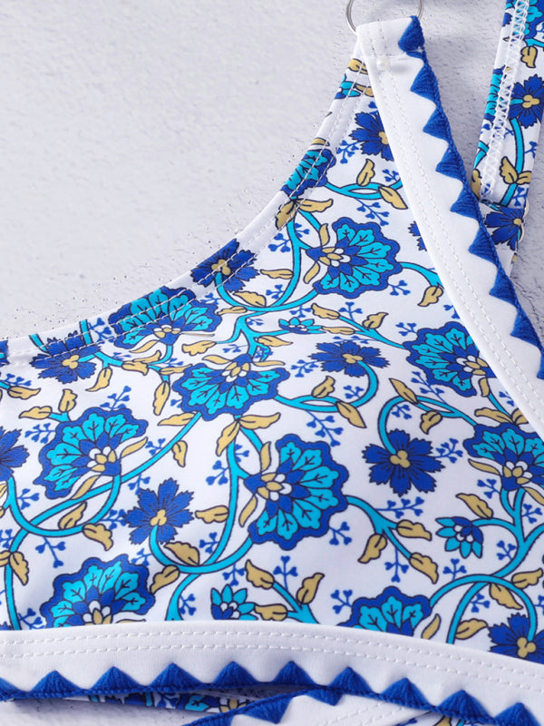 cross-string digital print hook-and-edge split swimsuit BLUE ZONE PLANET