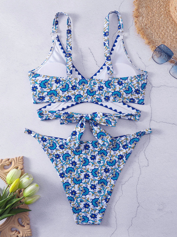 cross-string digital print hook-and-edge split swimsuit BLUE ZONE PLANET