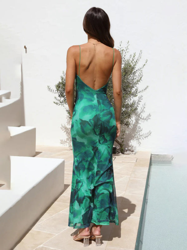 Blue Zone Planet | style slim and elegant printed backless spaghetti strap dress with generous square collar BLUE ZONE PLANET