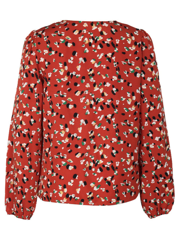Color block printed long-sleeved V-neck shirt kakaclo