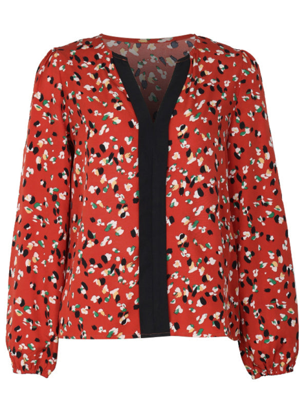 Color block printed long-sleeved V-neck shirt kakaclo