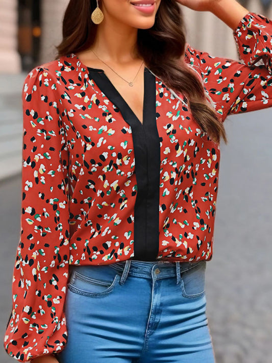 Color block printed long-sleeved V-neck shirt kakaclo