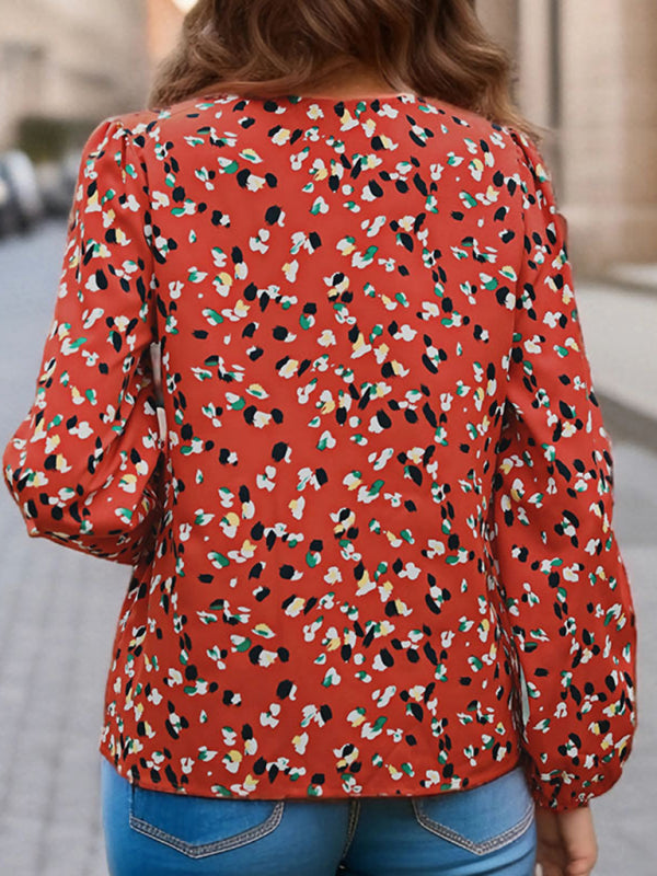 Color block printed long-sleeved V-neck shirt kakaclo