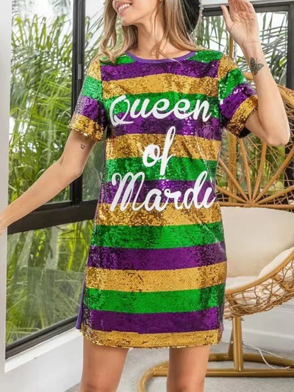 Blue Zone Planet |  Mardi Gras Sequined Striped lettering T-shirt midi dress BLUE ZONE PLANET