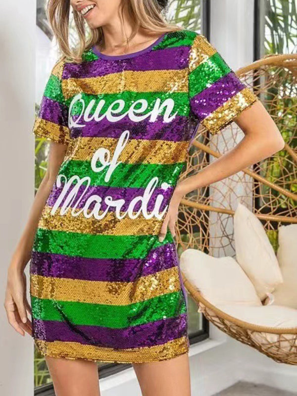 Blue Zone Planet |  Mardi Gras Sequined Striped lettering T-shirt midi dress BLUE ZONE PLANET