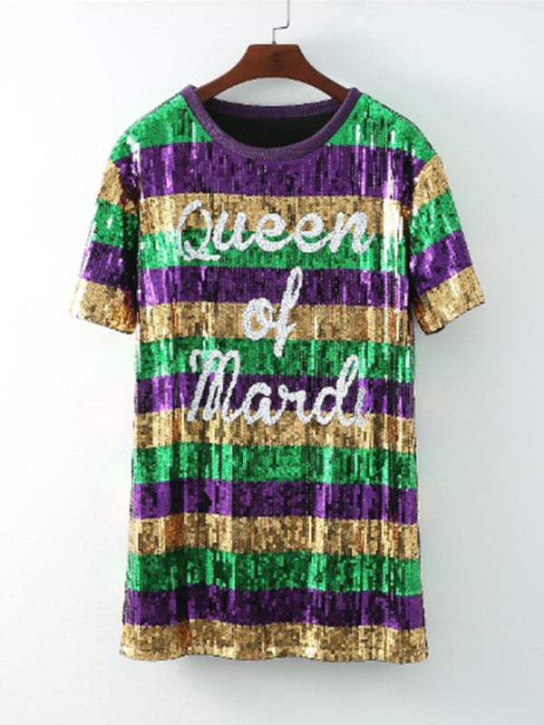 Blue Zone Planet |  Mardi Gras Sequined Striped lettering T-shirt midi dress BLUE ZONE PLANET