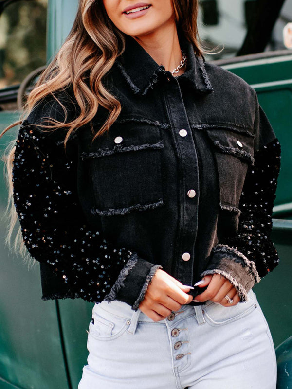 Sequined short denim jacket kakaclo