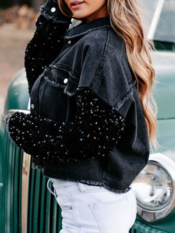 Sequined short denim jacket kakaclo