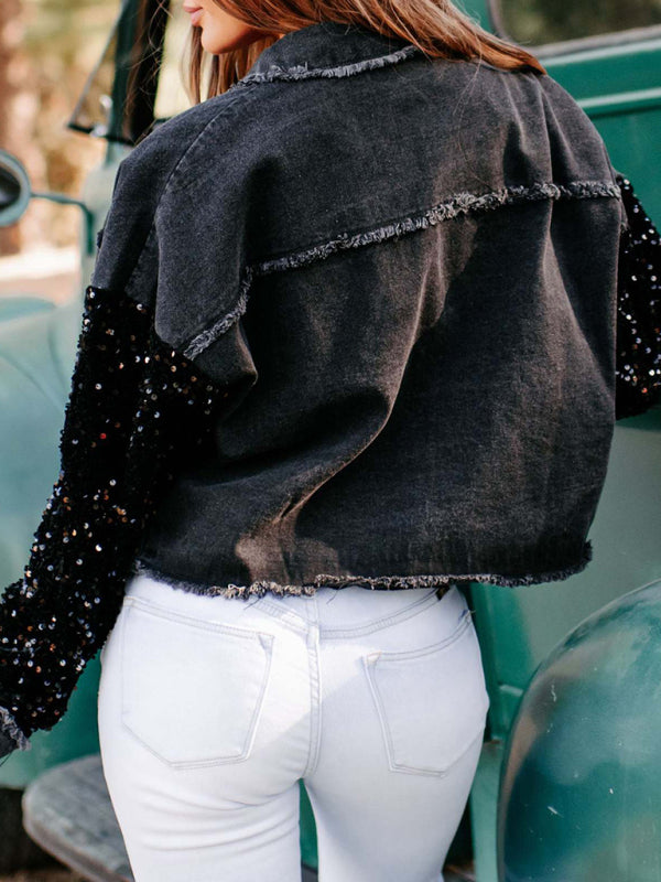 Sequined short denim jacket kakaclo