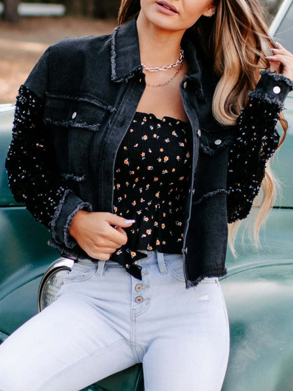 Sequined short denim jacket kakaclo