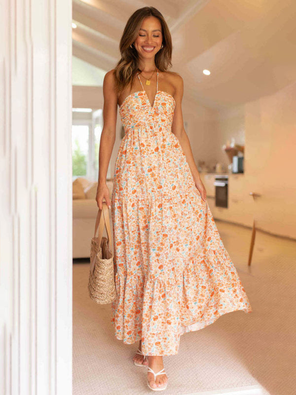 Blue Zone Planet | Isabella's Bohemian V-Neck Halter Spaghetti Strap Tiered Maxi Dress kakaclo