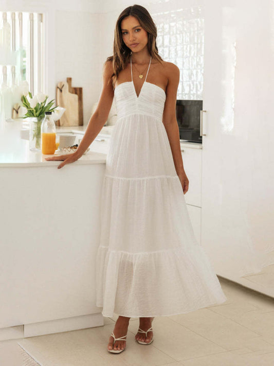 Blue Zone Planet |   Isabella's Bohemian V-Neck Halter Spaghetti Strap Tiered Maxi Dress kakaclo