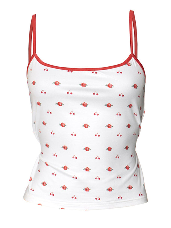 Blue Zone Planet | Contrast Color Cherry Flower Print Camisole Cropped Top and Vest BLUE ZONE PLANET
