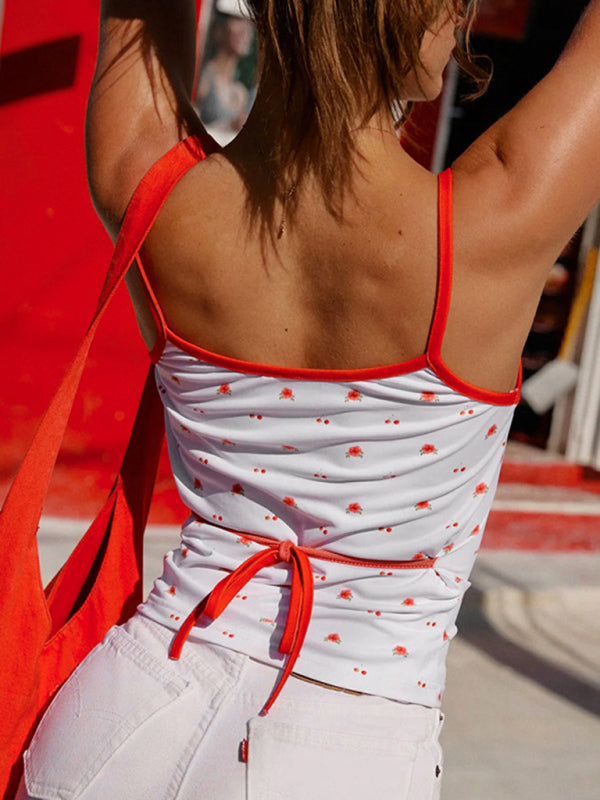 Blue Zone Planet | Contrast Color Cherry Flower Print Camisole Cropped Top and Vest BLUE ZONE PLANET