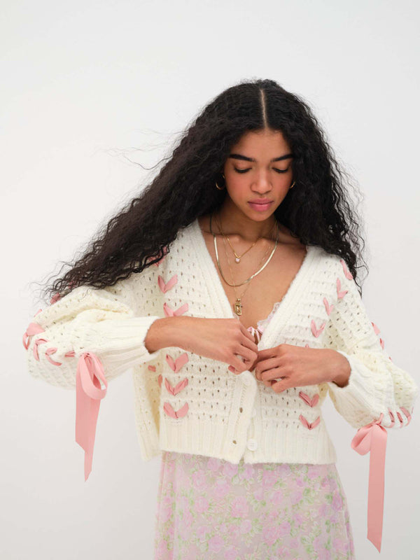 V-neck lace-up hollow knitted cardigan top loose sweater jacket kakaclo