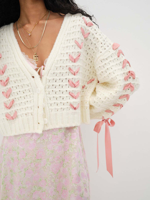 V-neck lace-up hollow knitted cardigan top loose sweater jacket kakaclo