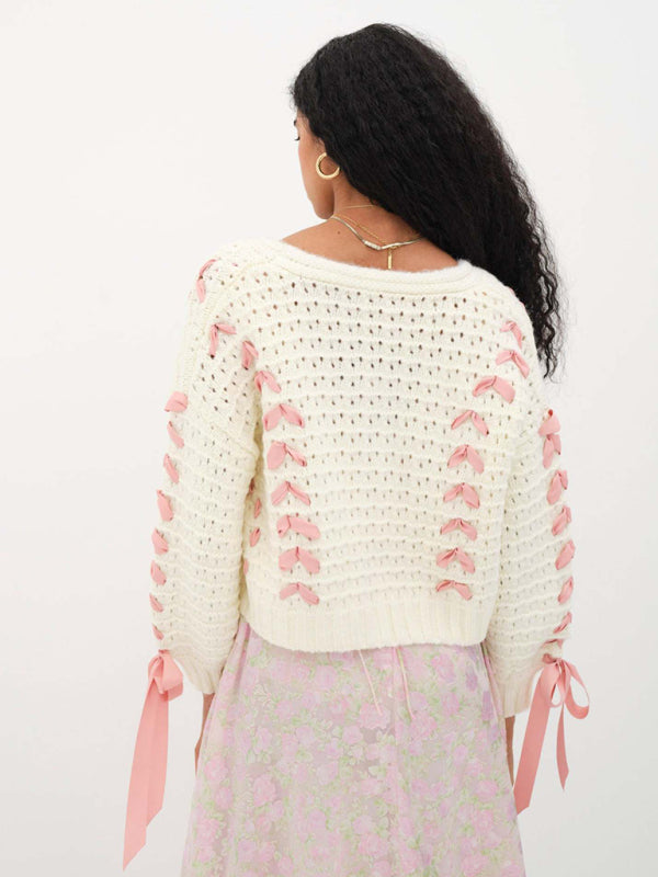V-neck lace-up hollow knitted cardigan top loose sweater jacket kakaclo
