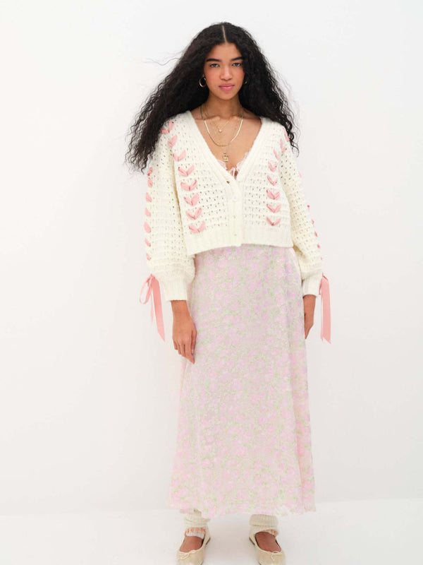 V-neck lace-up hollow knitted cardigan top loose sweater jacket kakaclo