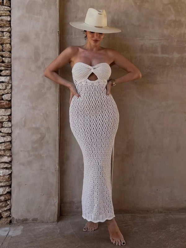 Blue Zone Planet | tube top open mesh hollow knitted elastic hip-covering hot girl dress kakaclo
