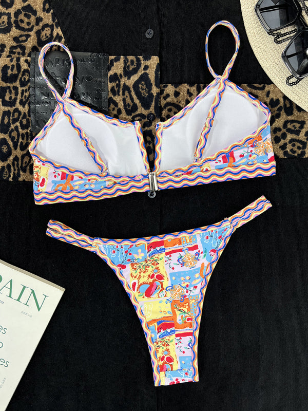 Women's new split swimsuit small V-neck colorful edge ethnic print sexy bikini kakaclo