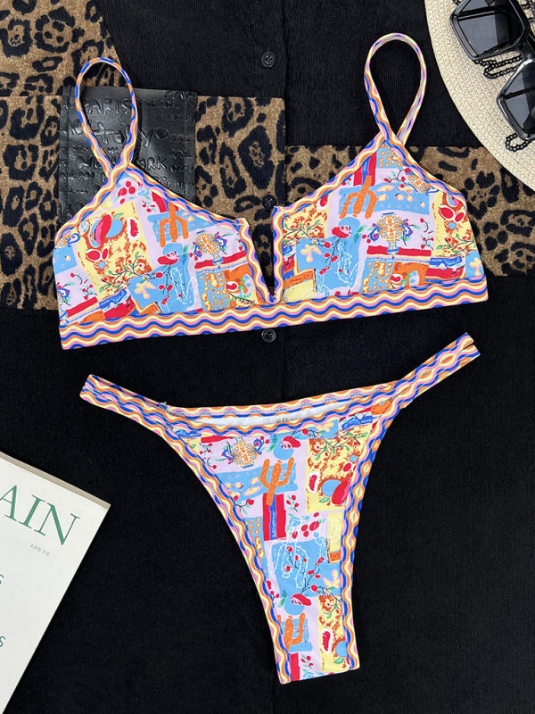 Women's new split swimsuit small V-neck colorful edge ethnic print sexy bikini kakaclo