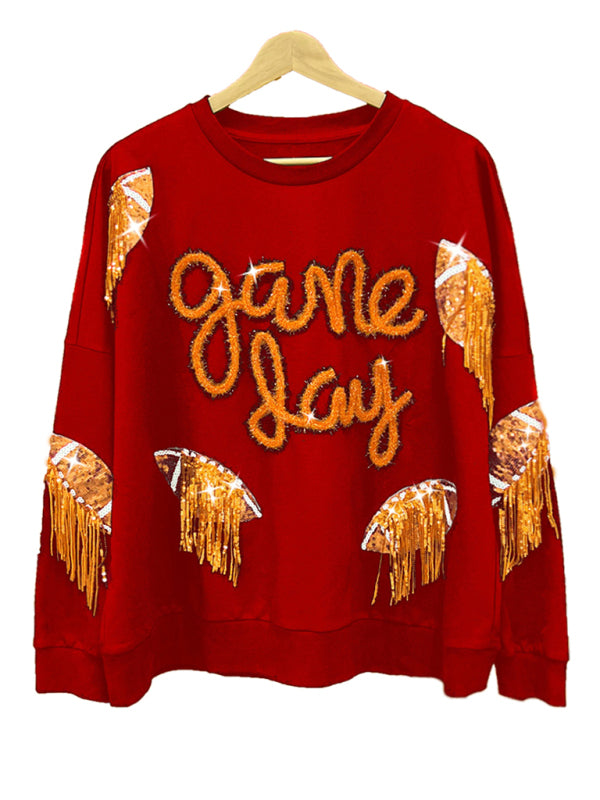 Blue Zone Planet | rugby tassel sequin crew neck sweatshirt BLUE ZONE PLANET