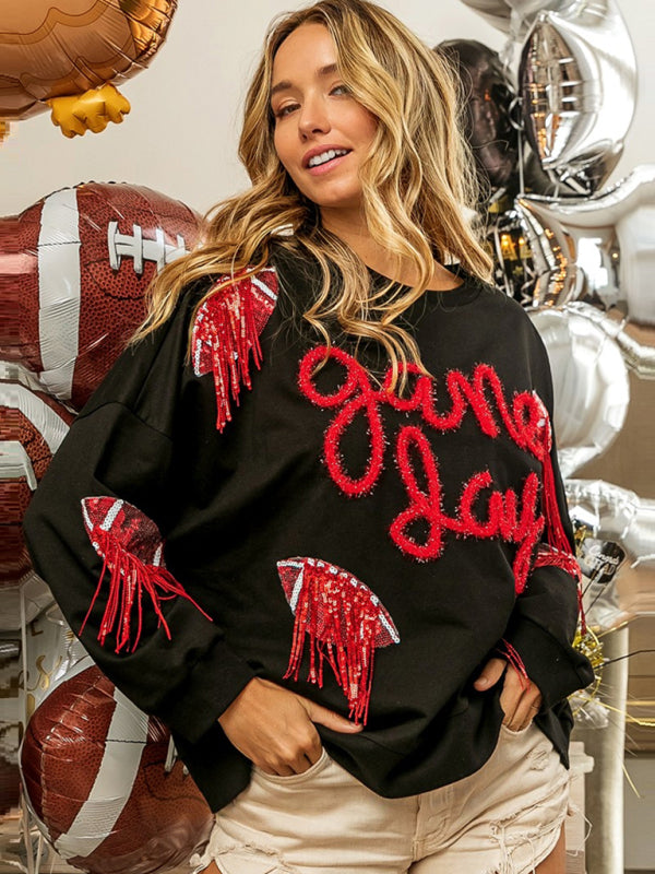 Blue Zone Planet | rugby tassel sequin crew neck sweatshirt BLUE ZONE PLANET