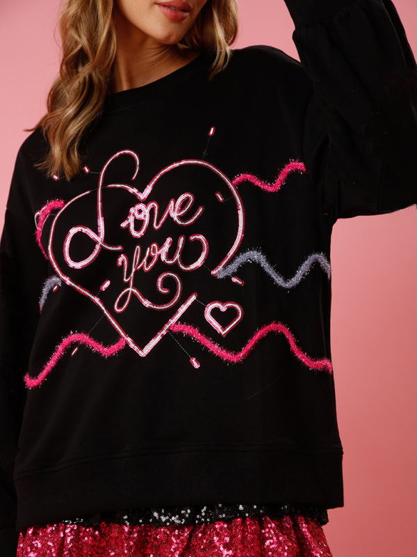 Love sequin sequin round neck pullover sweatshirt kakaclo