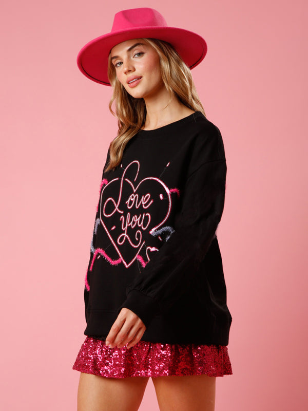 Love sequin sequin round neck pullover sweatshirt kakaclo