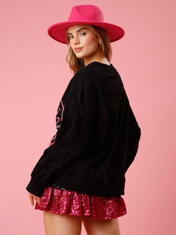 Love sequin sequin round neck pullover sweatshirt kakaclo
