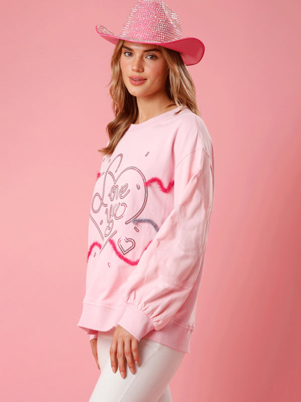 Love sequin sequin round neck pullover sweatshirt kakaclo