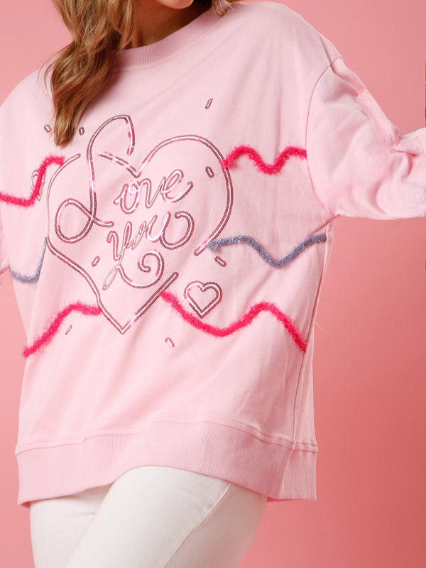 Love sequin sequin round neck pullover sweatshirt kakaclo
