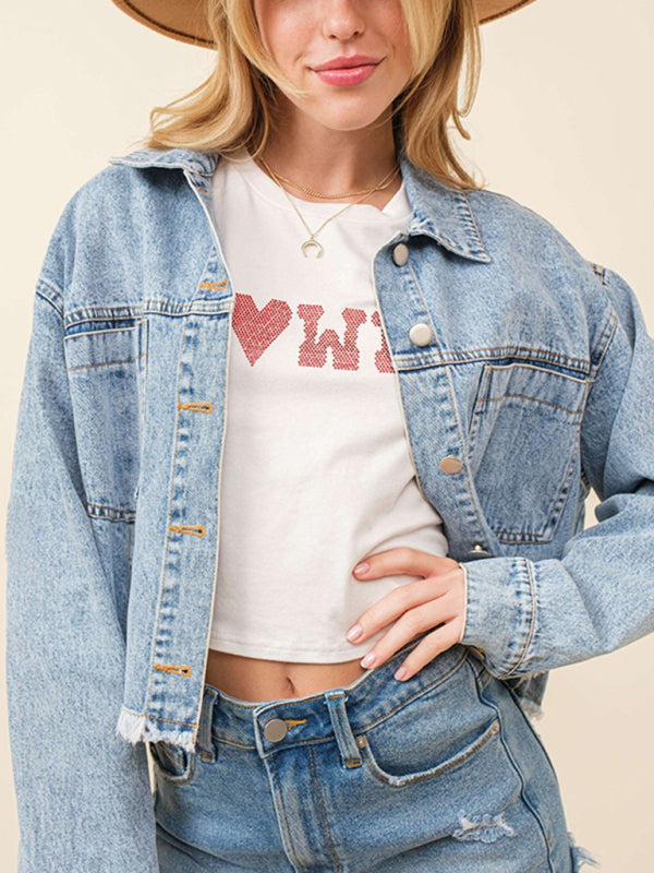 Valentine's sequin heart distressed hem denim jacket kakaclo