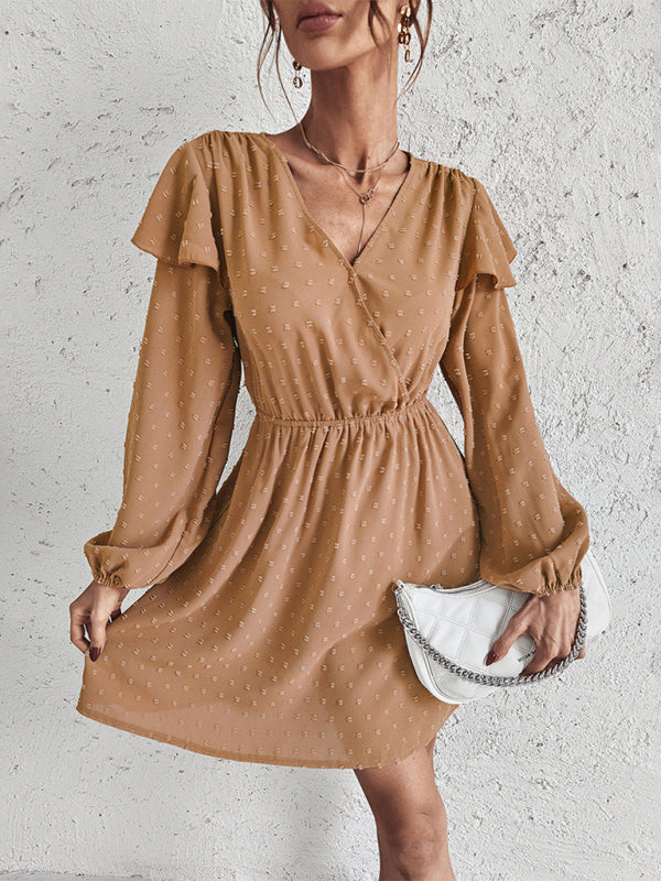 Blue Zone Planet | Cross Collar Ruffle Puff Sleeve Mini Dress kakaclo