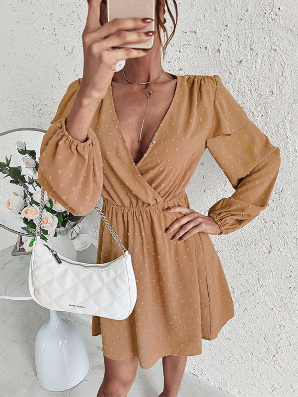 Blue Zone Planet | Cross Collar Ruffle Puff Sleeve Mini Dress kakaclo